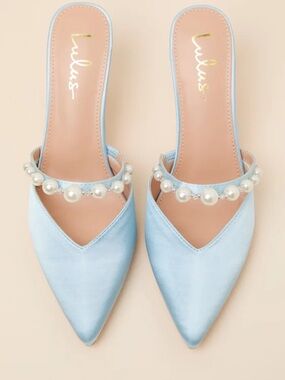 Lulu's Light Blue Pearl-Trim Pointed Satin Mules